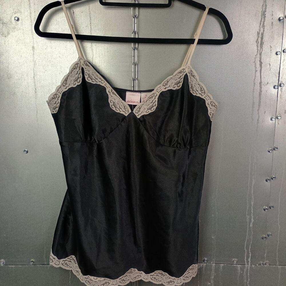 Xhilaration Vintage Y2K Silky Lace Cami Black Spaghetti Strap Top XL 2000s Satin